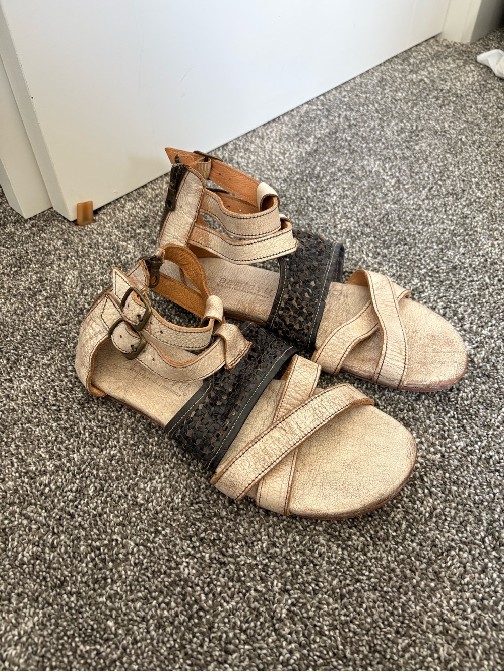 Bed Stu Metallic Beige and Black Strappy Sandals